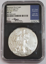 Load image into Gallery viewer, 2018 W Burnished Silver Eagle $1 ASE John M Mercanti First Day NGC MS 70
