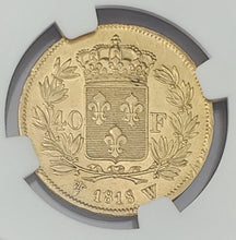 Load image into Gallery viewer, 1818 W France Gold 40 Francs Louis XVIII NGC AU 55 AGW .3734 Oz
