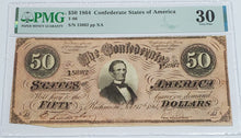 Load image into Gallery viewer, 1864 $50 Dollar Confederate States of America Note T-66 PMG 30 Very Fine
