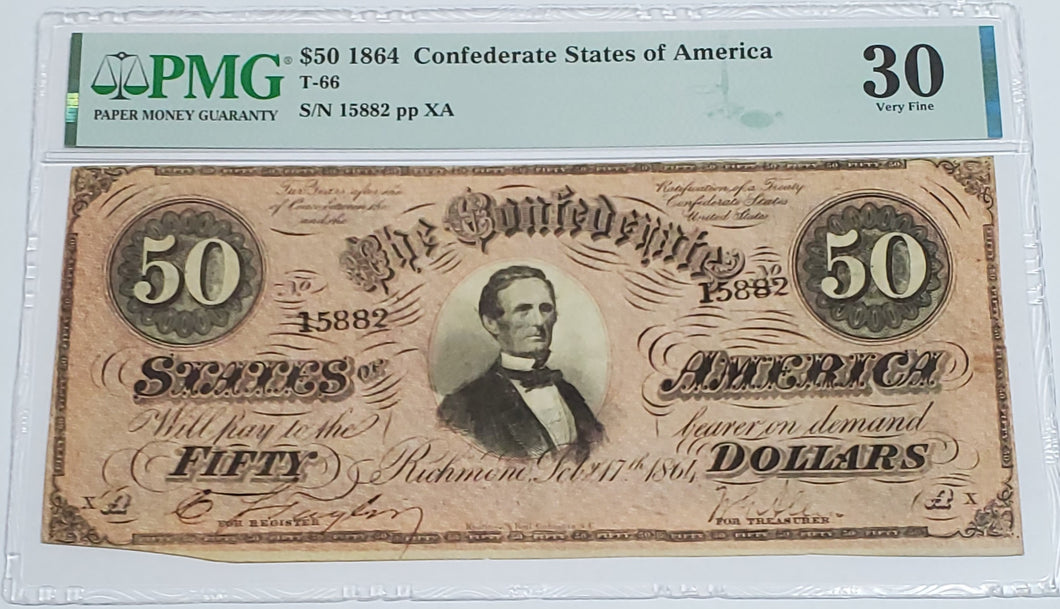 1864 $50 Dollar Confederate States of America Note T-66 PMG 30 Very Fine