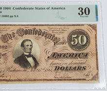 Load image into Gallery viewer, 1864 $50 Dollar Confederate States of America Note T-66 PMG 30 Very Fine
