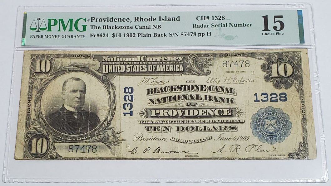 1902 $10 Blackstone Canal National Banknote Providence RI Fr#624 PMG 15 Radar #