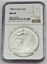 Load image into Gallery viewer, 1989 American Silver Eagle $1 NGC MS 69 .999 Fine Silver Coin
