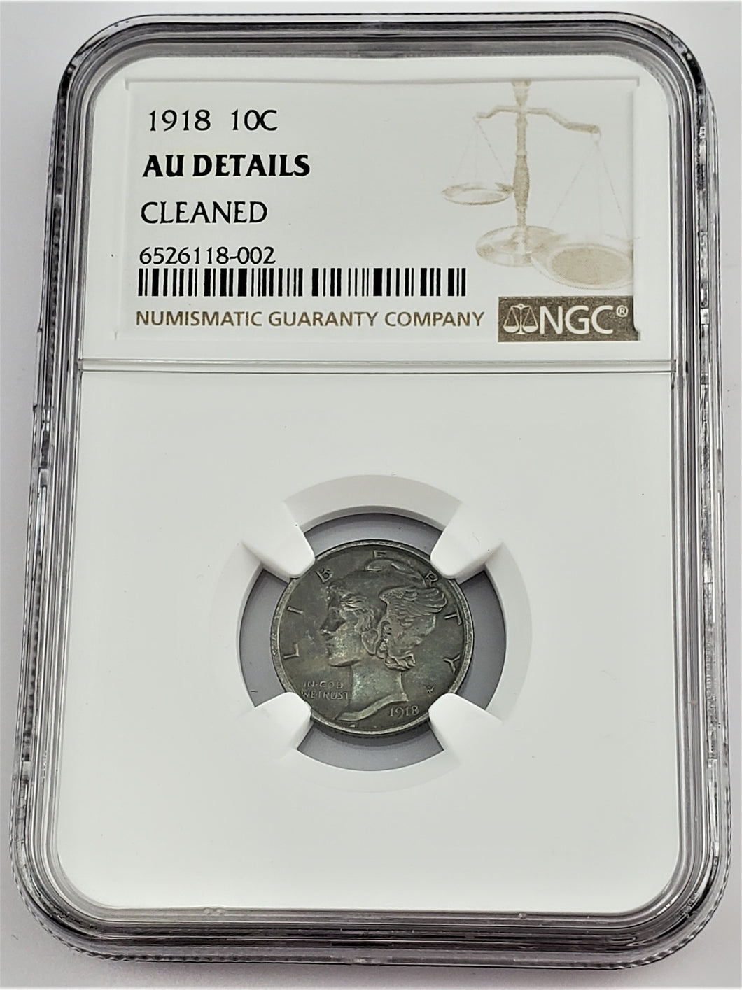 1918 P Mercury Dime 10c NGC AU Details Cleaned 90% Silver Coin