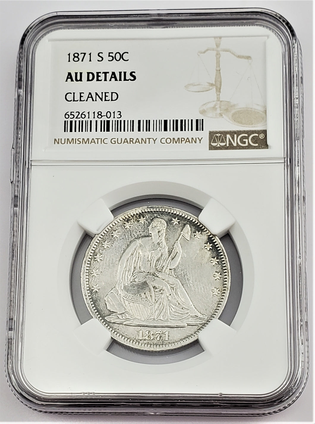 1871 S Seated Liberty Half Dollar 50c NGC AU Details Cleaned
