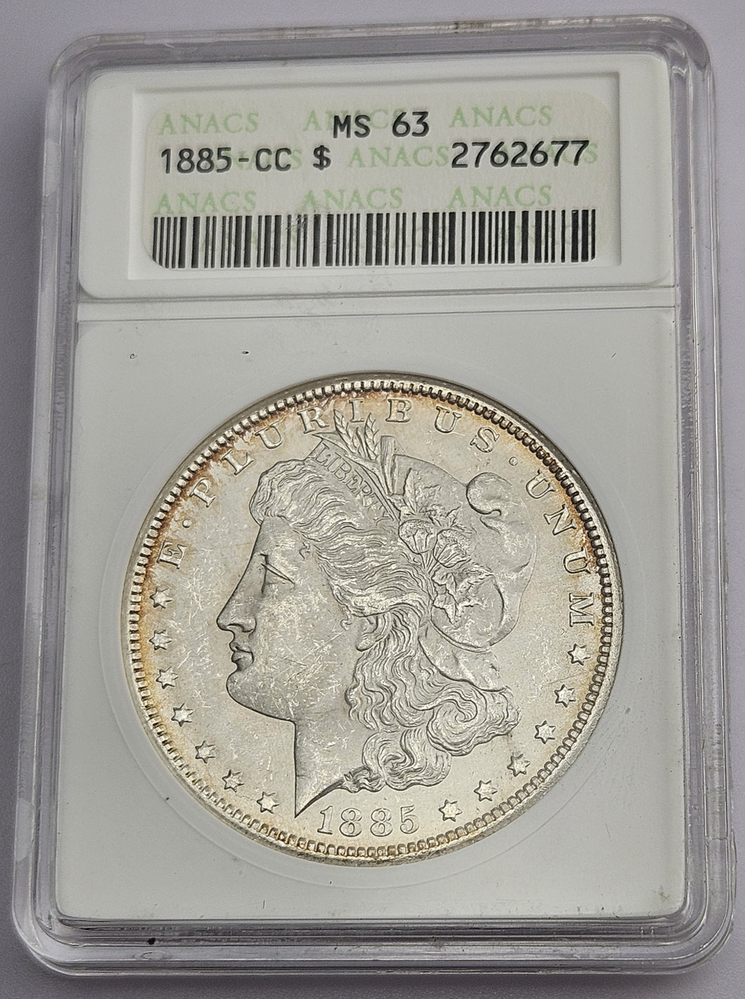 1885 CC Carson City Mint Morgan Silver Dollar $1 ANACS MS 63 Soap Box