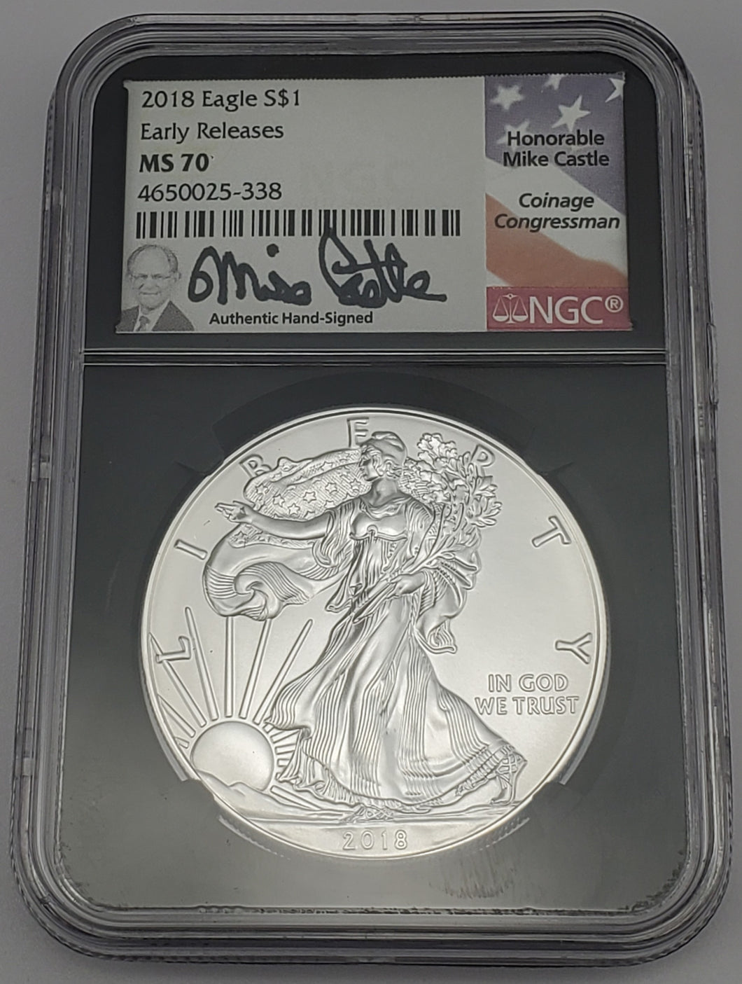 2018 American Silver Eagle NGC MS 70 Early Releases Mike Castle Signed