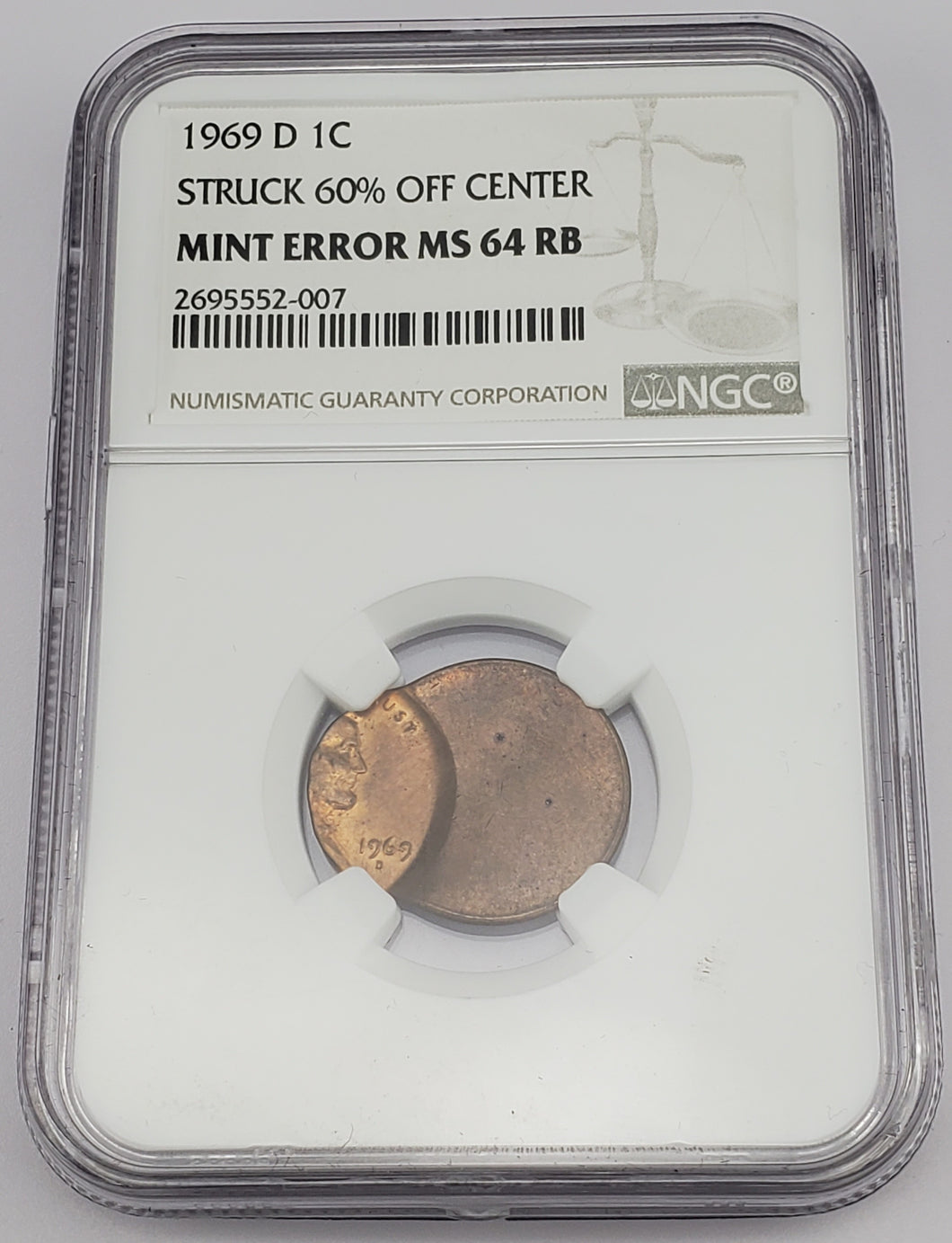 1969 D Lincoln Penny 1c NGC Mint Error MS 64 RB Struck 60% Off Center