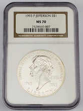 Load image into Gallery viewer, 1993 P Jefferson Commemorative Silver Dollar $1 MS 70 NGC
