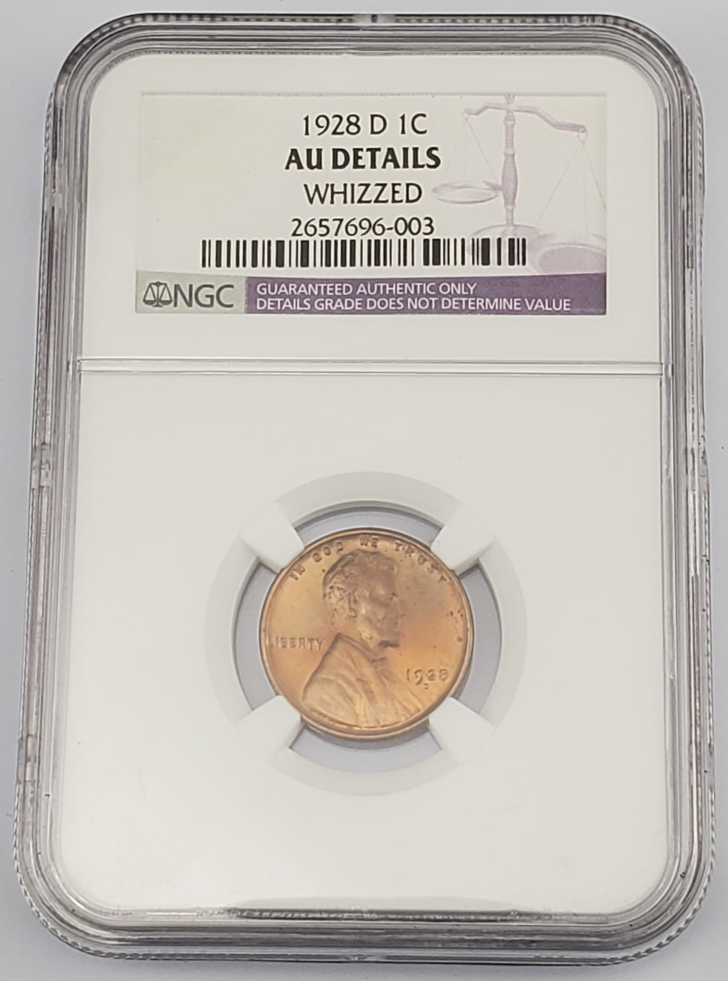 1928 D Lincoln Wheat Penny 1c NGC AU Details Whizzed