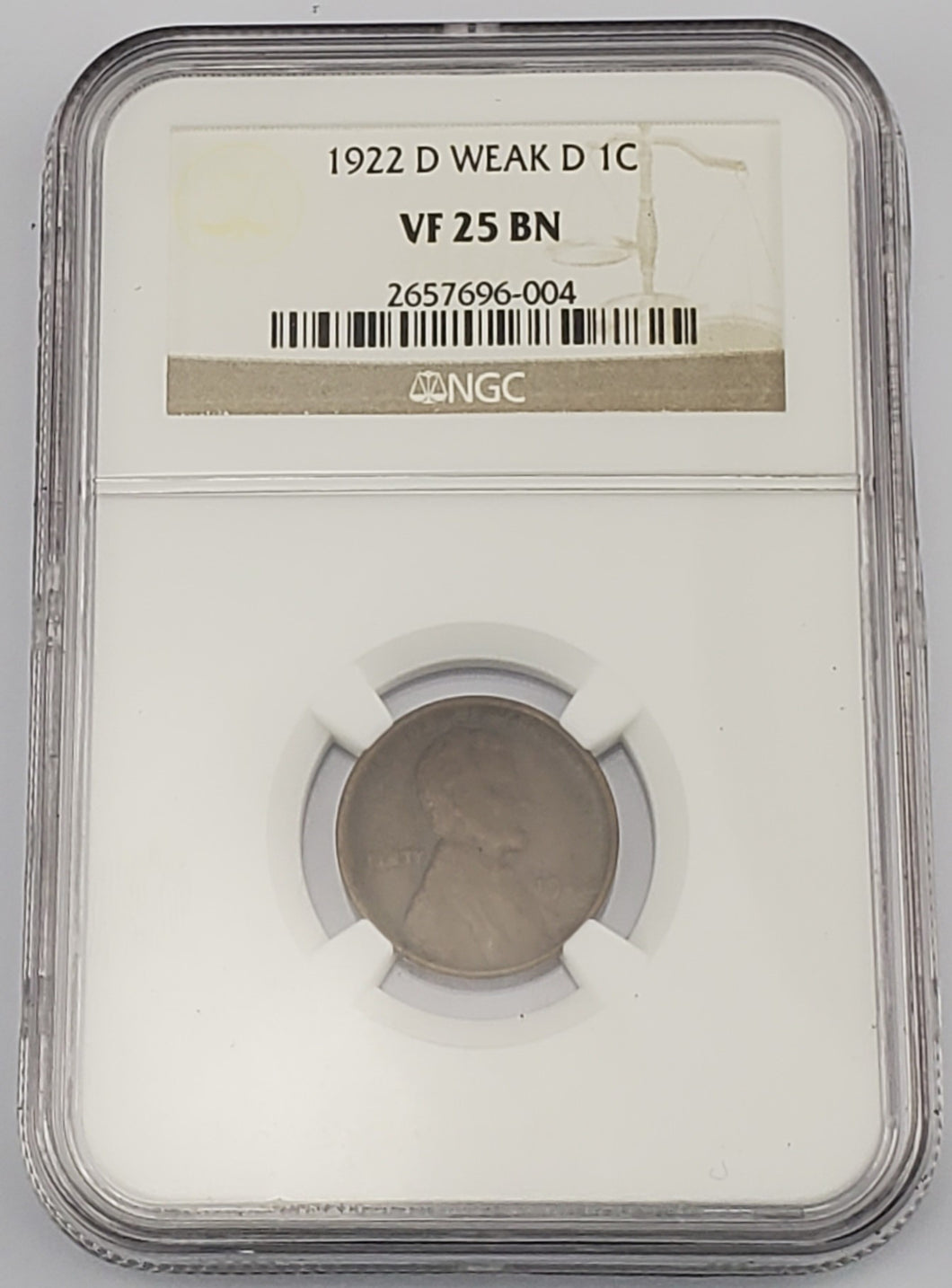 1922 D Lincoln Wheat Penny 1c NGC Weak D VF 25 BN