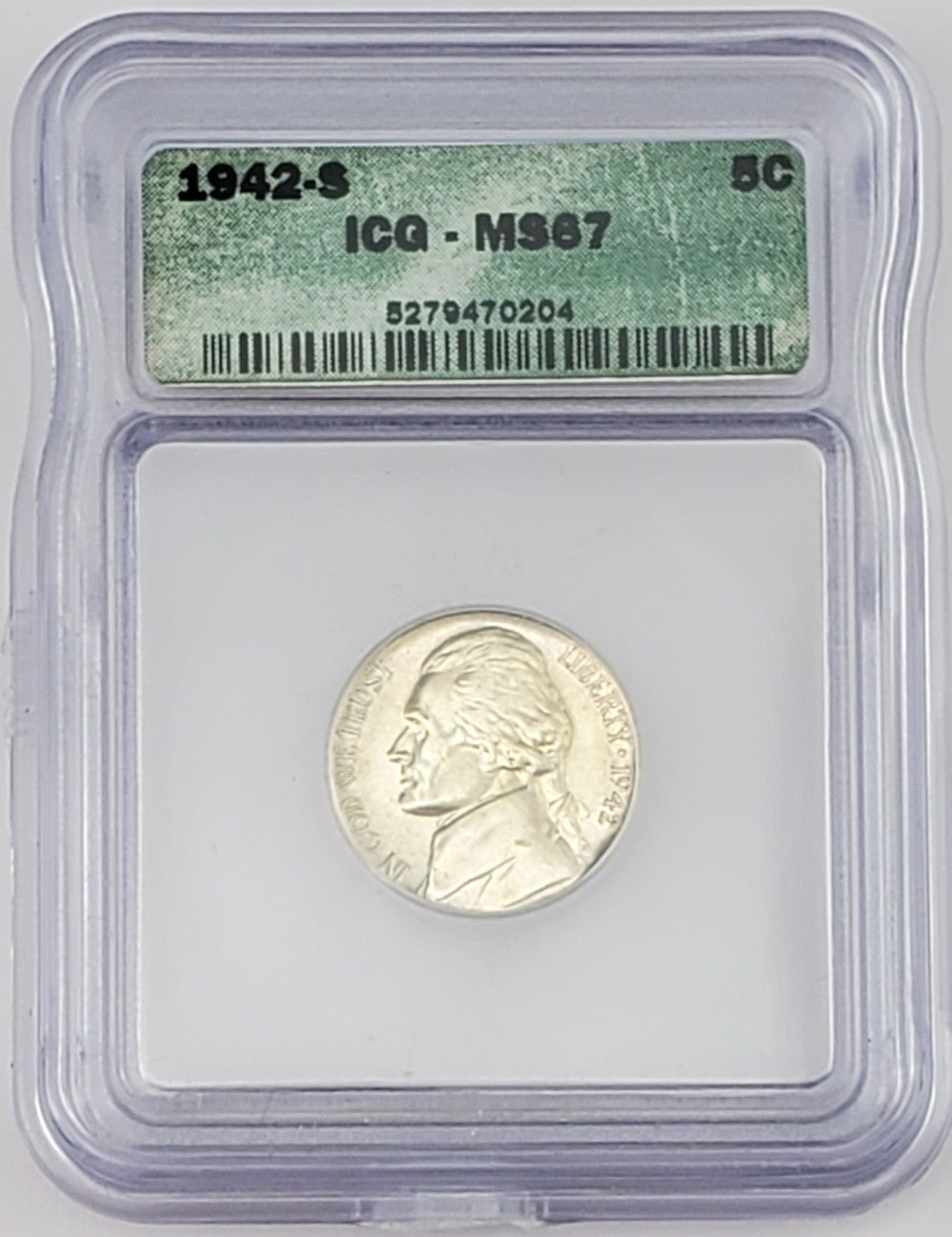 1942 S Jefferson War Nickel 5c 35% Silver Coin ICG MS 67