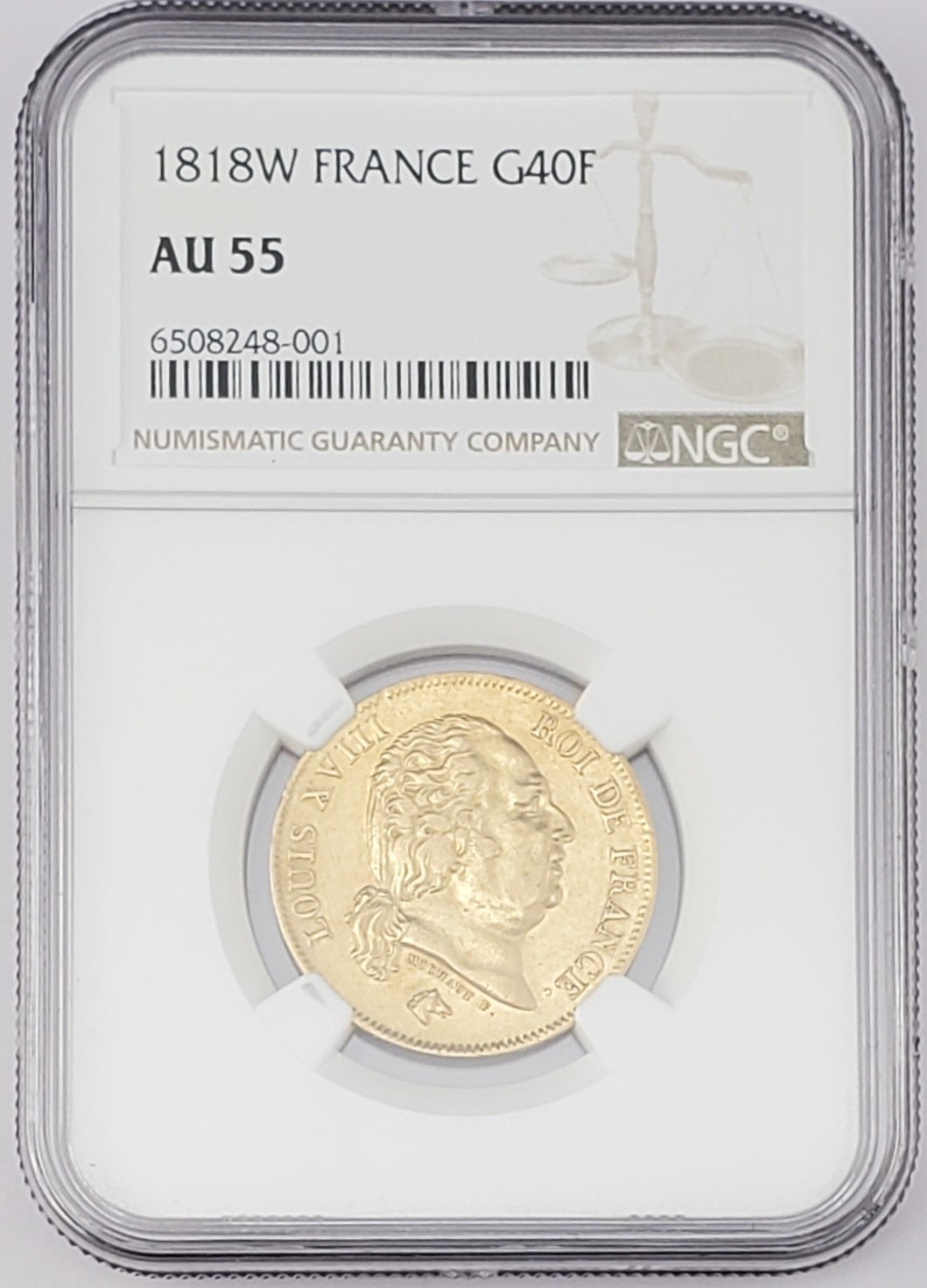 1818 W France Gold 40 Francs Louis XVIII NGC AU 55 AGW .3734 Oz