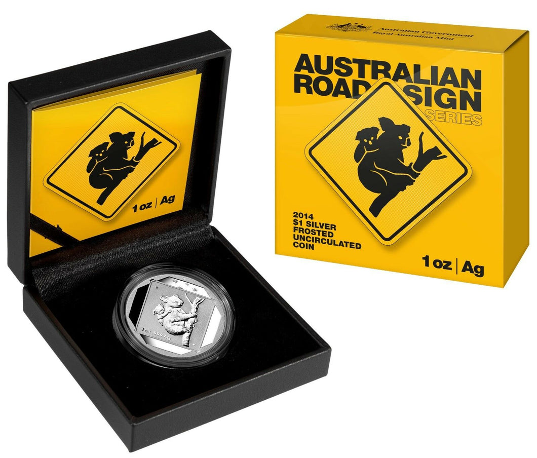 2014 Silver 1 oz $1 Australian Road Signs Koala Frosted Uncirculated Coin